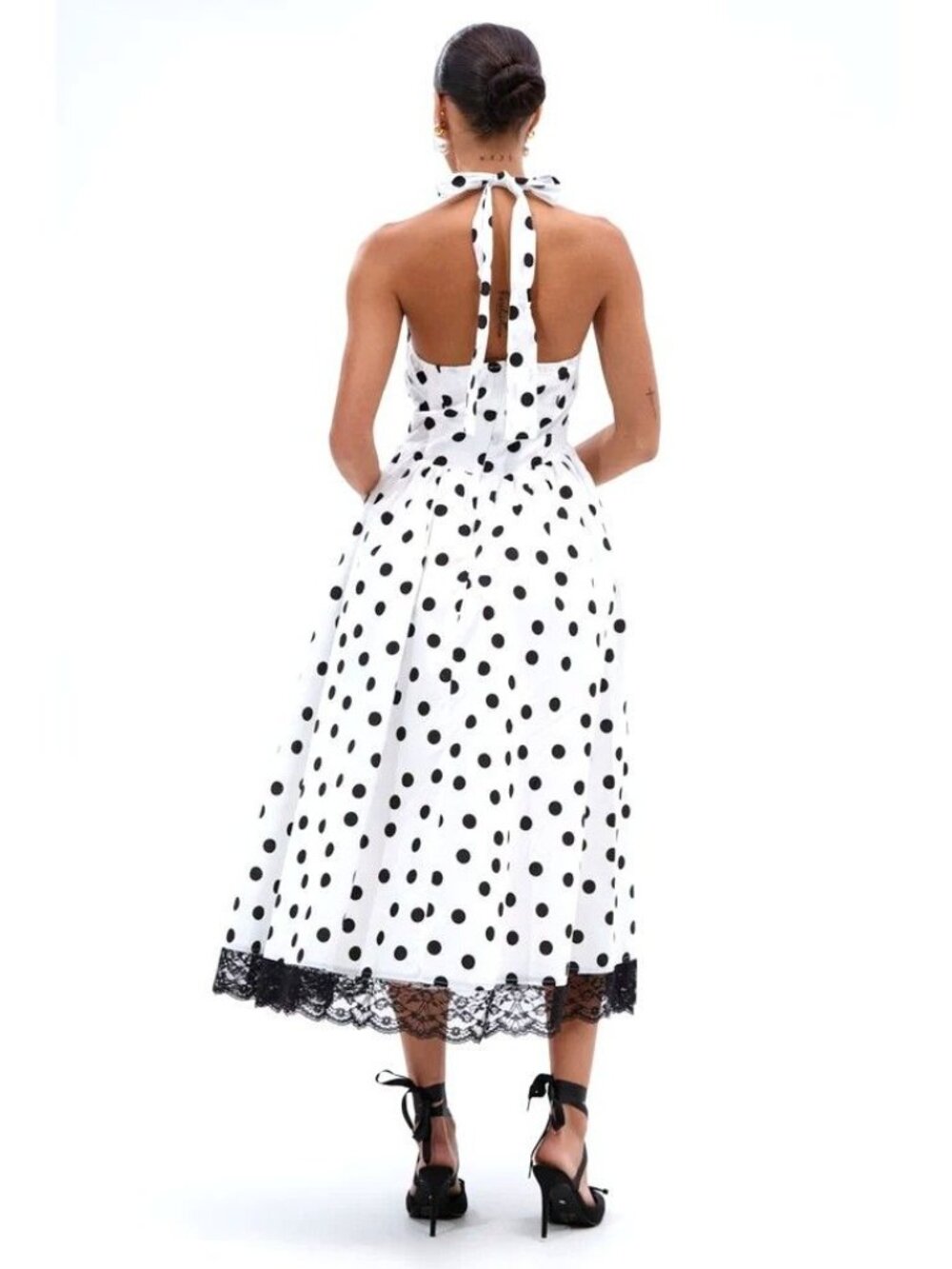 NWT Akira Black White Dolly Polka Dot Retro Midi Halter Dress Women Size Small - Picture 3 of 10